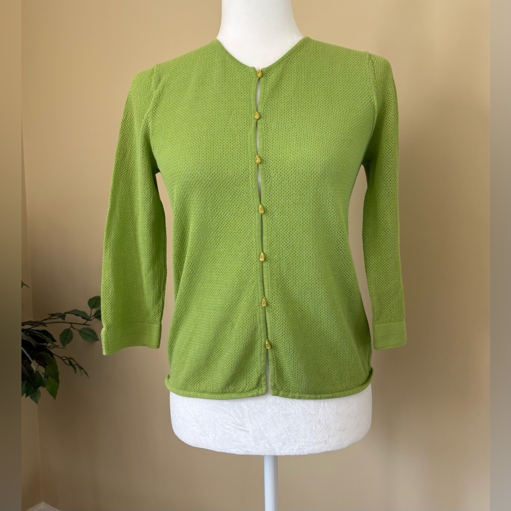 EUC Cardigan: Lightweight, Shark Tooth Buttons, Stretchy Open Weave, Vintage